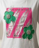 Tricou alb de damă din bumbac cu imprimeu abstract roz-argintiu și aplicații florale 3d cu cristale