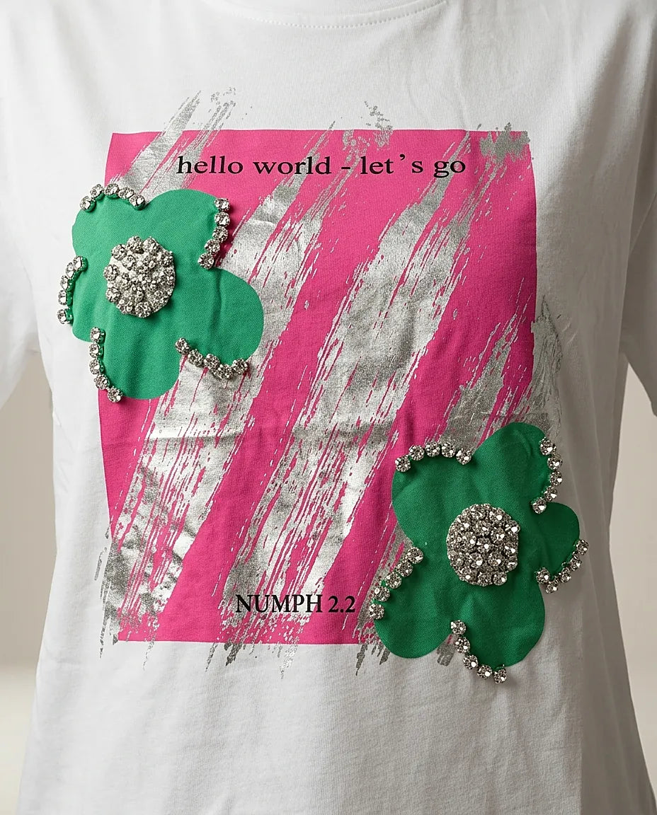 Tricou alb de damă din bumbac cu imprimeu abstract roz-argintiu și aplicații florale 3d cu cristale