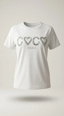 Tricou alb de damă din bumbac cu imprimeu 'coco paris' decorat cu paiete argintii și cristale