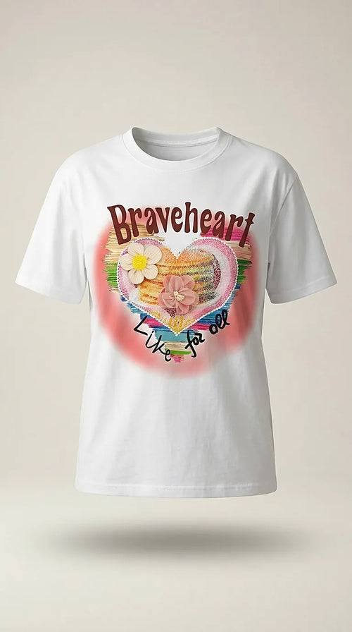 Tricou alb de damă din bumbac cu imprimeu colorat 'braveheart', aplicații flori 3d și mesaj 'like for all', stil casual modern