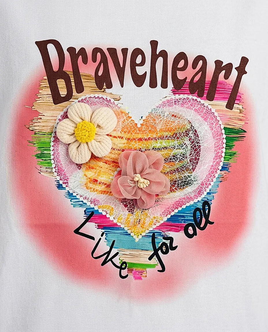 Tricou alb de damă din bumbac cu imprimeu colorat 'braveheart', aplicații flori 3d și mesaj 'like for all', stil casual modern