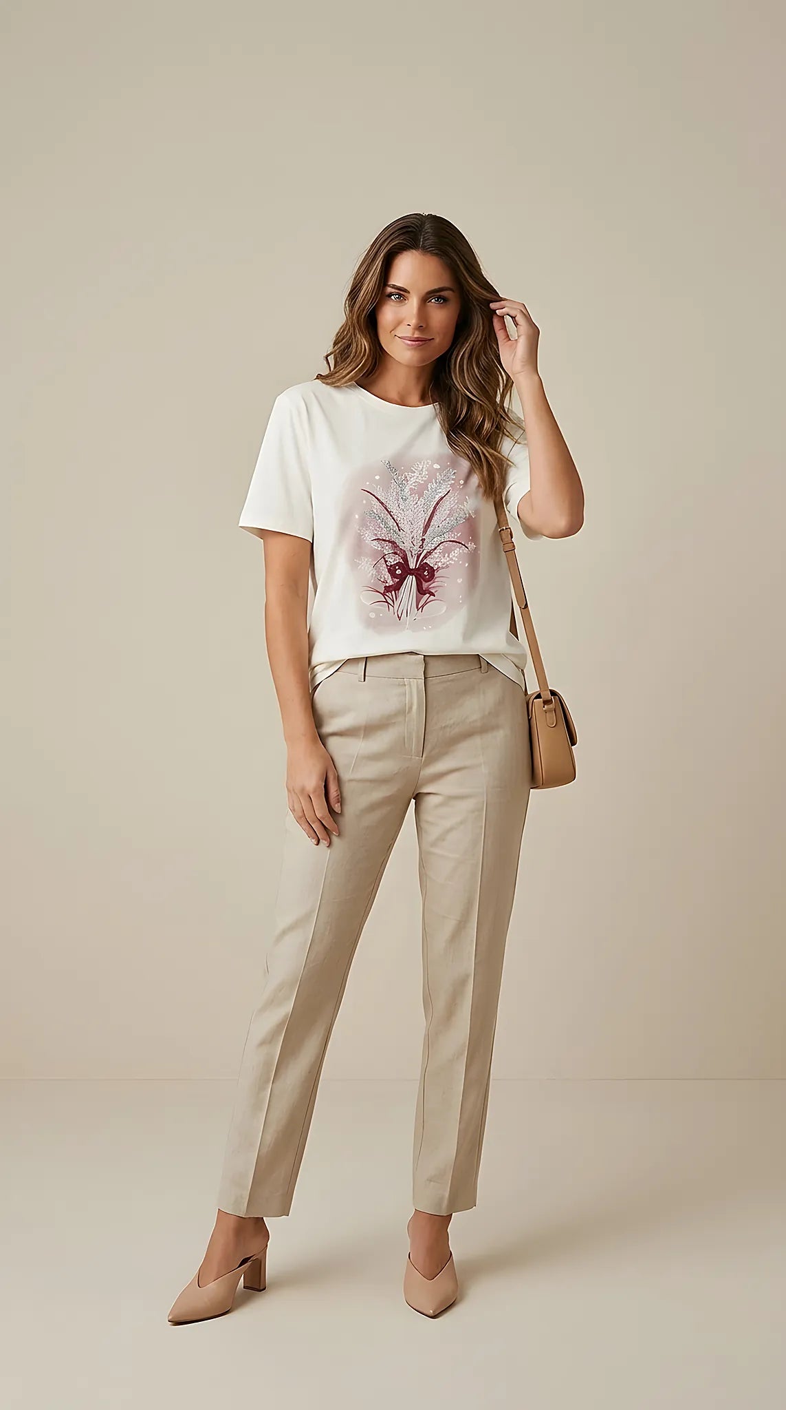 Tricou alb de damă din bumbac cu imprimeu floral tip buchet de lavandă și detalii cu sclipici, stil casual-elegant