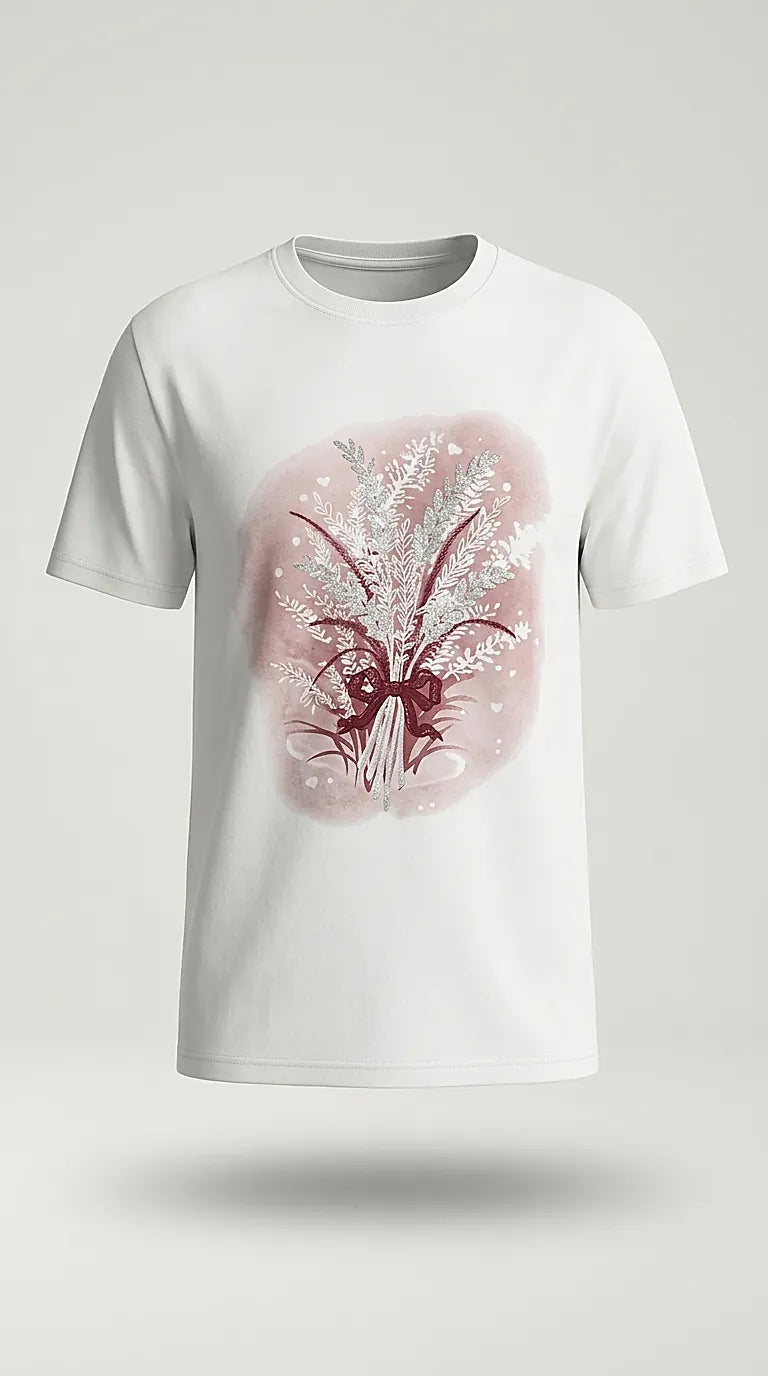 Tricou alb de damă din bumbac cu imprimeu floral tip buchet de lavandă și detalii cu sclipici, stil casual-elegant | Mira Style