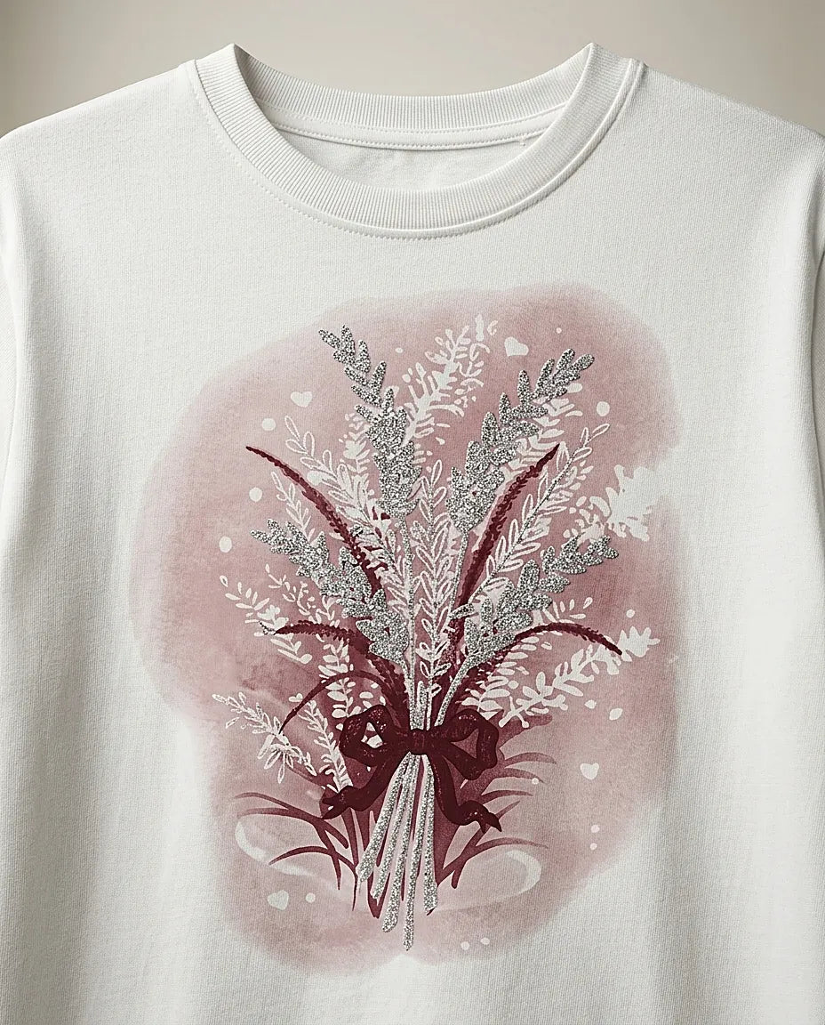 Tricou alb de damă din bumbac cu imprimeu floral tip buchet de lavandă și detalii cu sclipici, stil casual-elegant