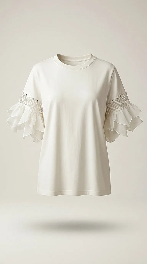 Tricou alb de damă din bumbac cu mâneci scurte evazate din voal și detalii tip rețea cu cristale, stil casual-elegant