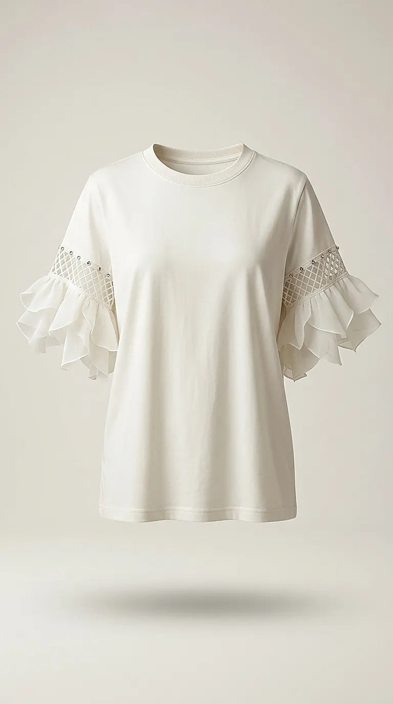 Tricou alb de damă din bumbac cu mâneci scurte evazate din voal și detalii tip rețea cu cristale, stil casual-elegant