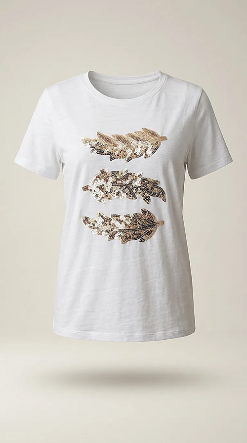 Tricou alb din bumbac cu pene aplicate din paiete aurii, mânecă scurtă și guler rotund