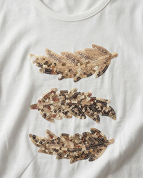 Tricou alb din bumbac cu pene aplicate din paiete aurii, mânecă scurtă și guler rotund