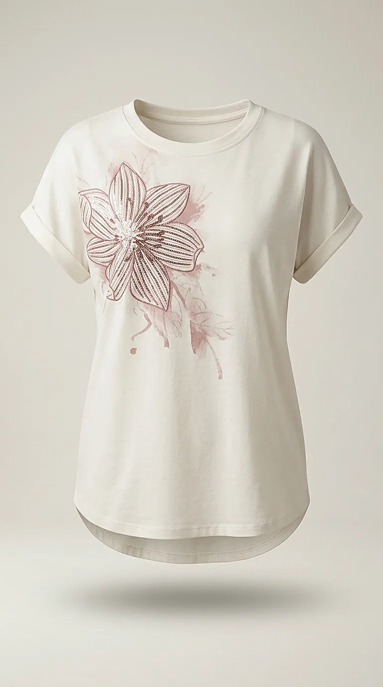 Tricou alb din bumbac pentru femei cu floare roz brodată și paiete, mânecă scurtă și guler rotund, stil casual-elegant