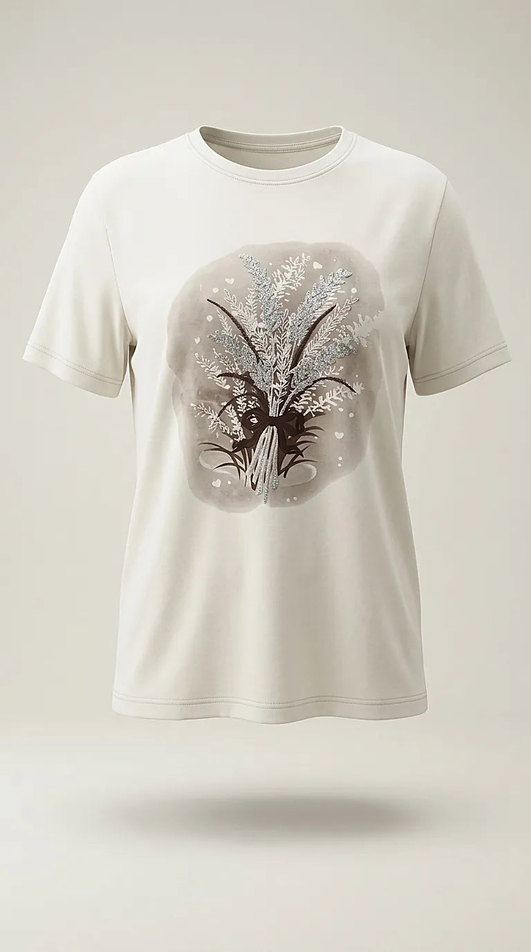 Tricou alb din bumbac pentru femei cu imprimeu floral stilizat cu sclipici, mânecă scurtă și decolteu rotund