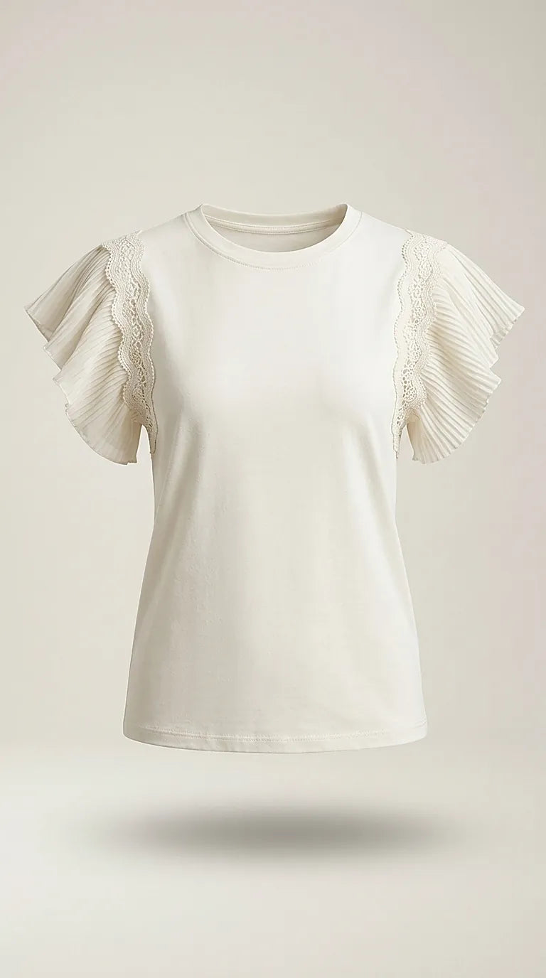 Tricou alb elegant pentru femei dalef cu mâneci scurte din dantelă și volane, stil casual-chic | Mira Style