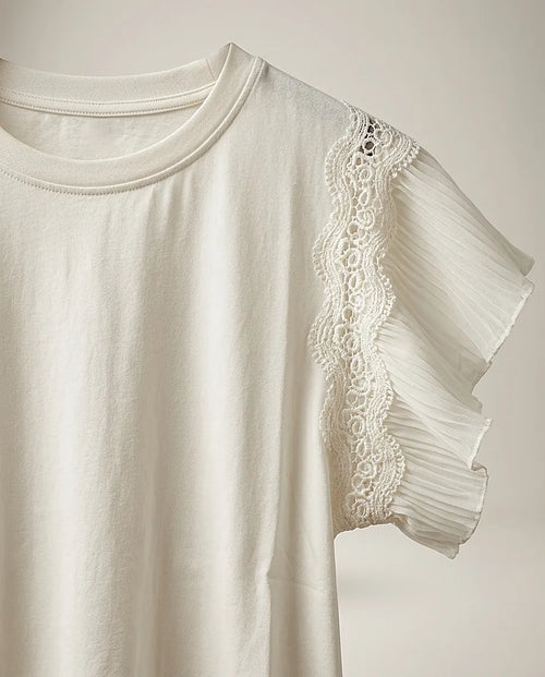 Tricou alb elegant pentru femei dalef cu mâneci scurte din dantelă și volane, stil casual-chic