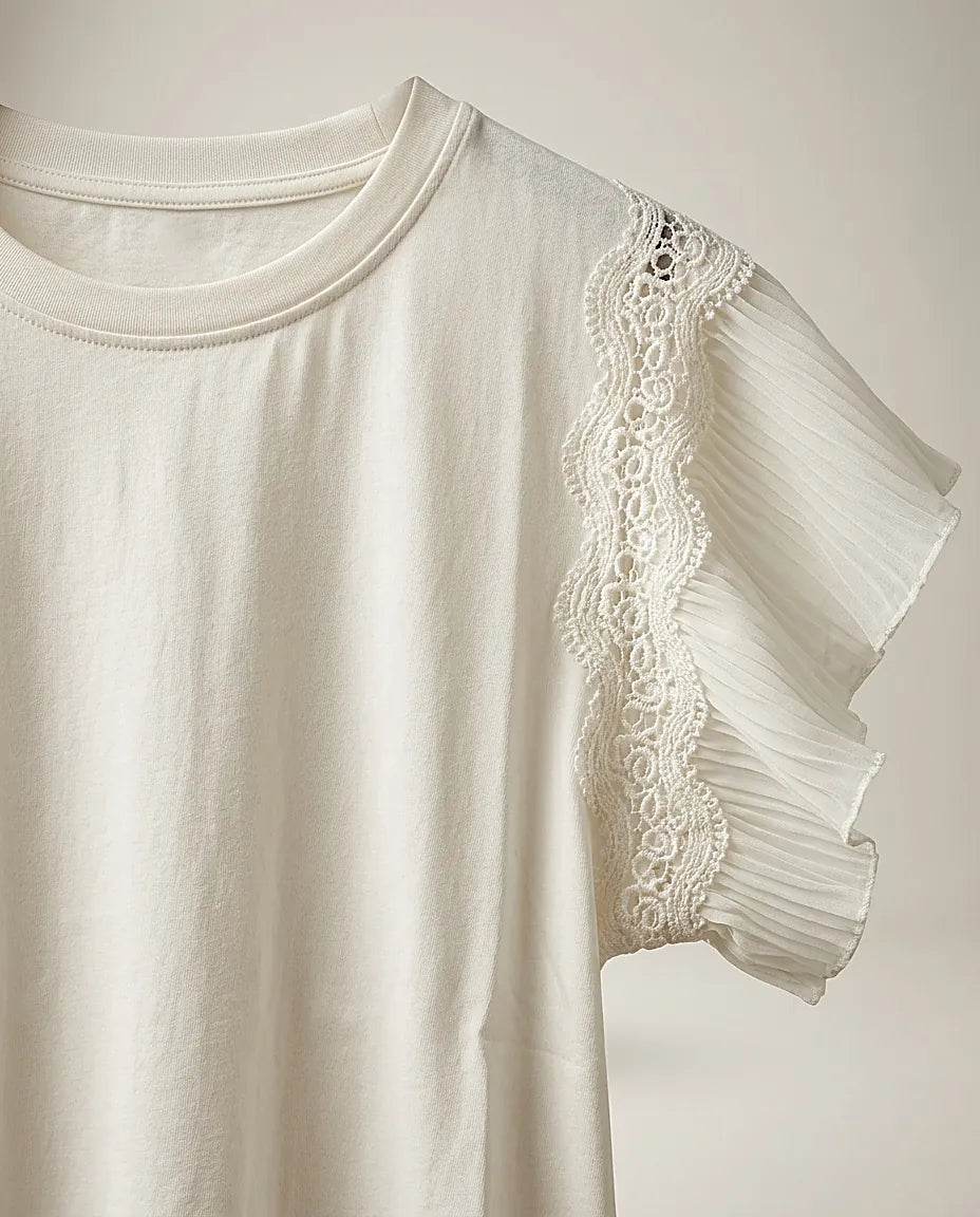 Tricou alb elegant pentru femei dalef cu mâneci scurte din dantelă și volane, stil casual-chic