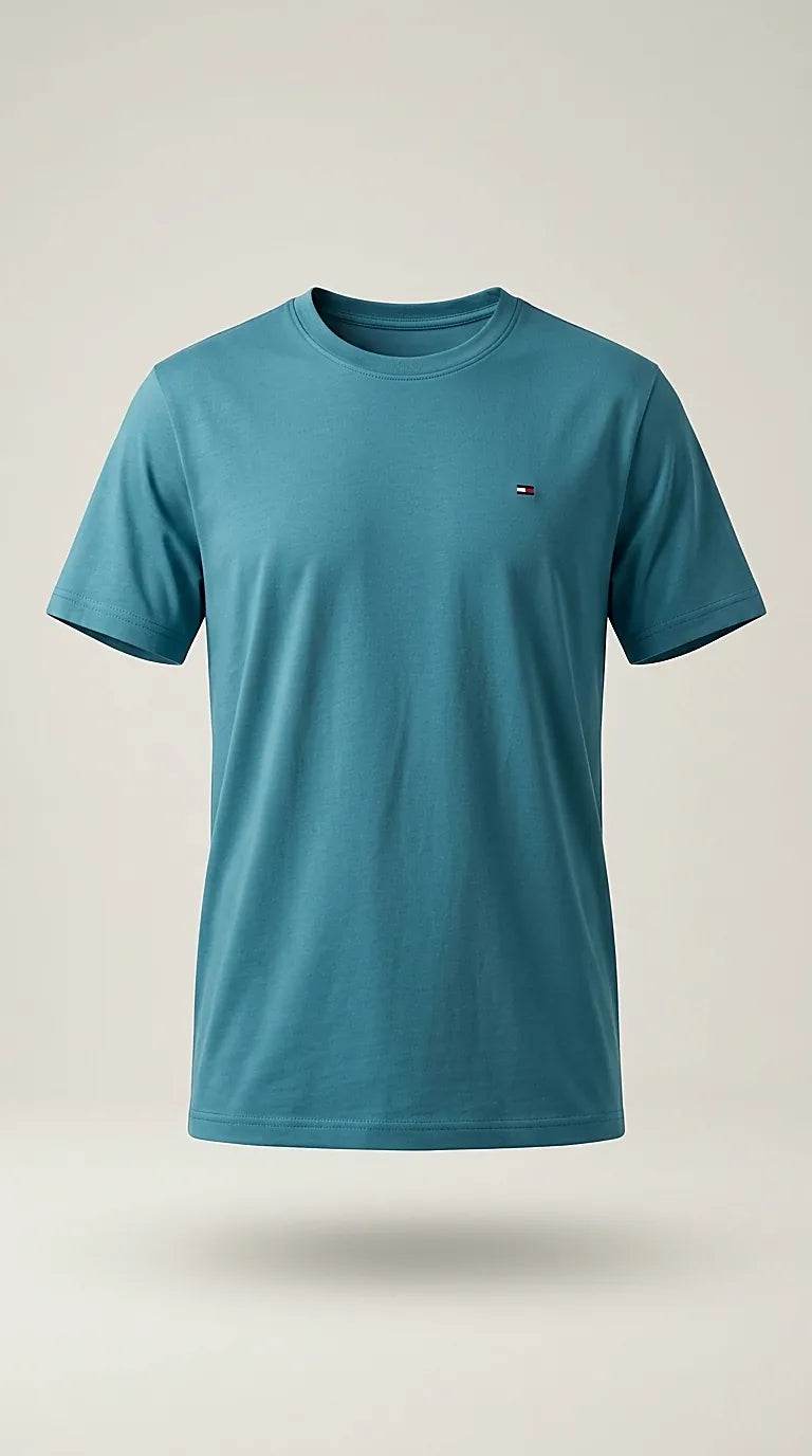 Tricou bărbătesc comeor, albastru teal, cu guler rotund și logo discret, croială regular fit, din amestec de bumbac a | Mira Style