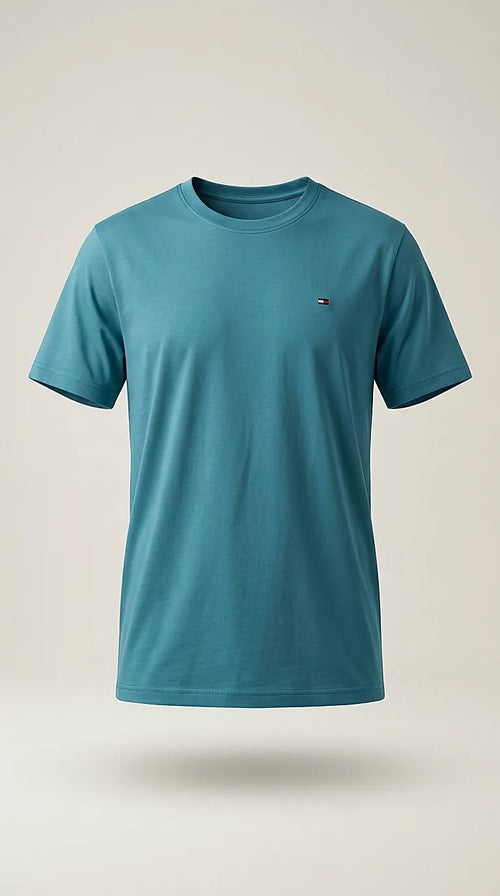 Tricou bărbătesc comeor, albastru teal, cu guler rotund și logo discret, croială regular fit, din amestec de bumbac