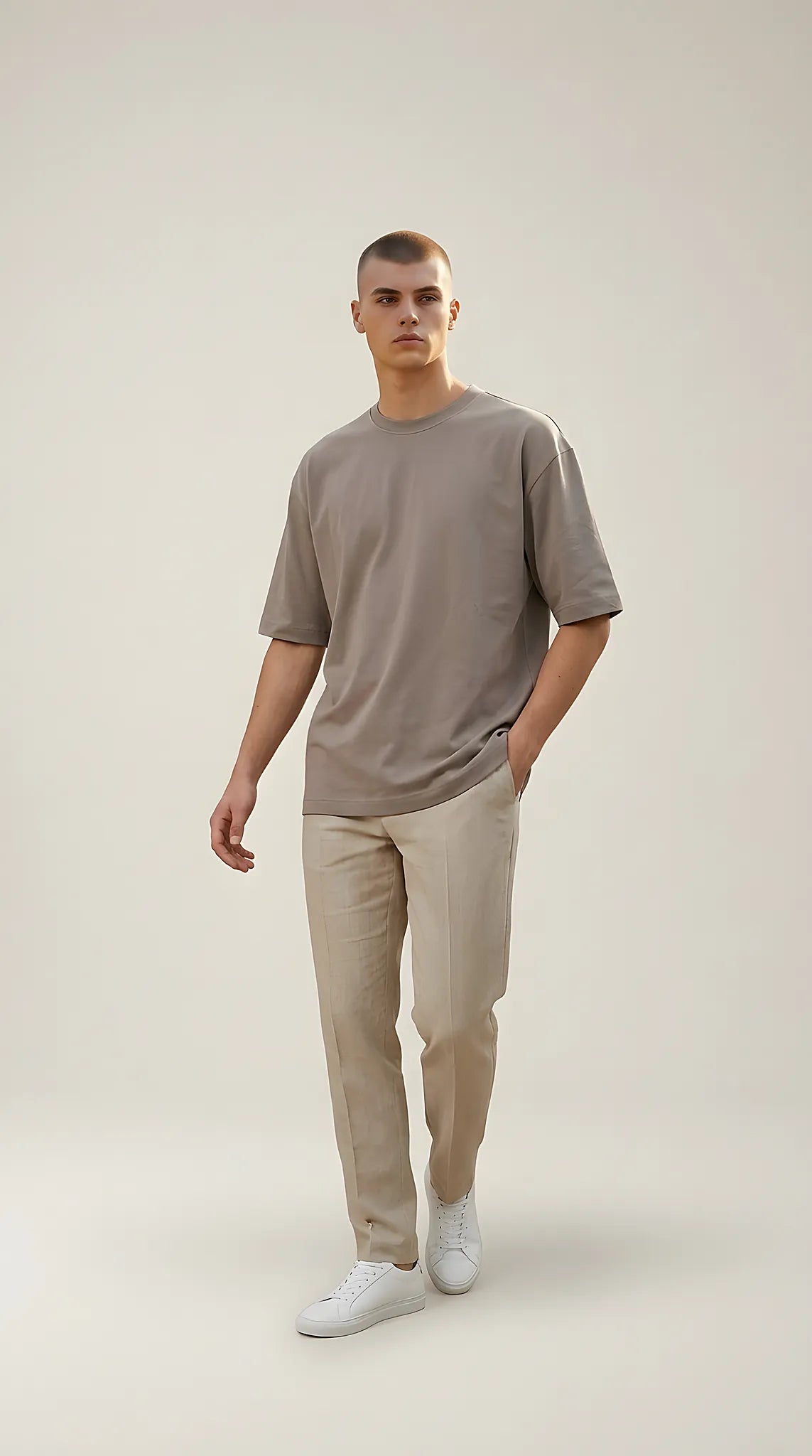 Tricou bărbătesc oversized din bumbac premium pepper & mint, culoare taupe, cu guler rotund și croială lejeră | Mira Style