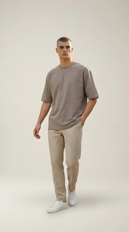 Tricou bărbătesc oversized din bumbac premium pepper & mint, culoare taupe, cu guler rotund și croială lejeră