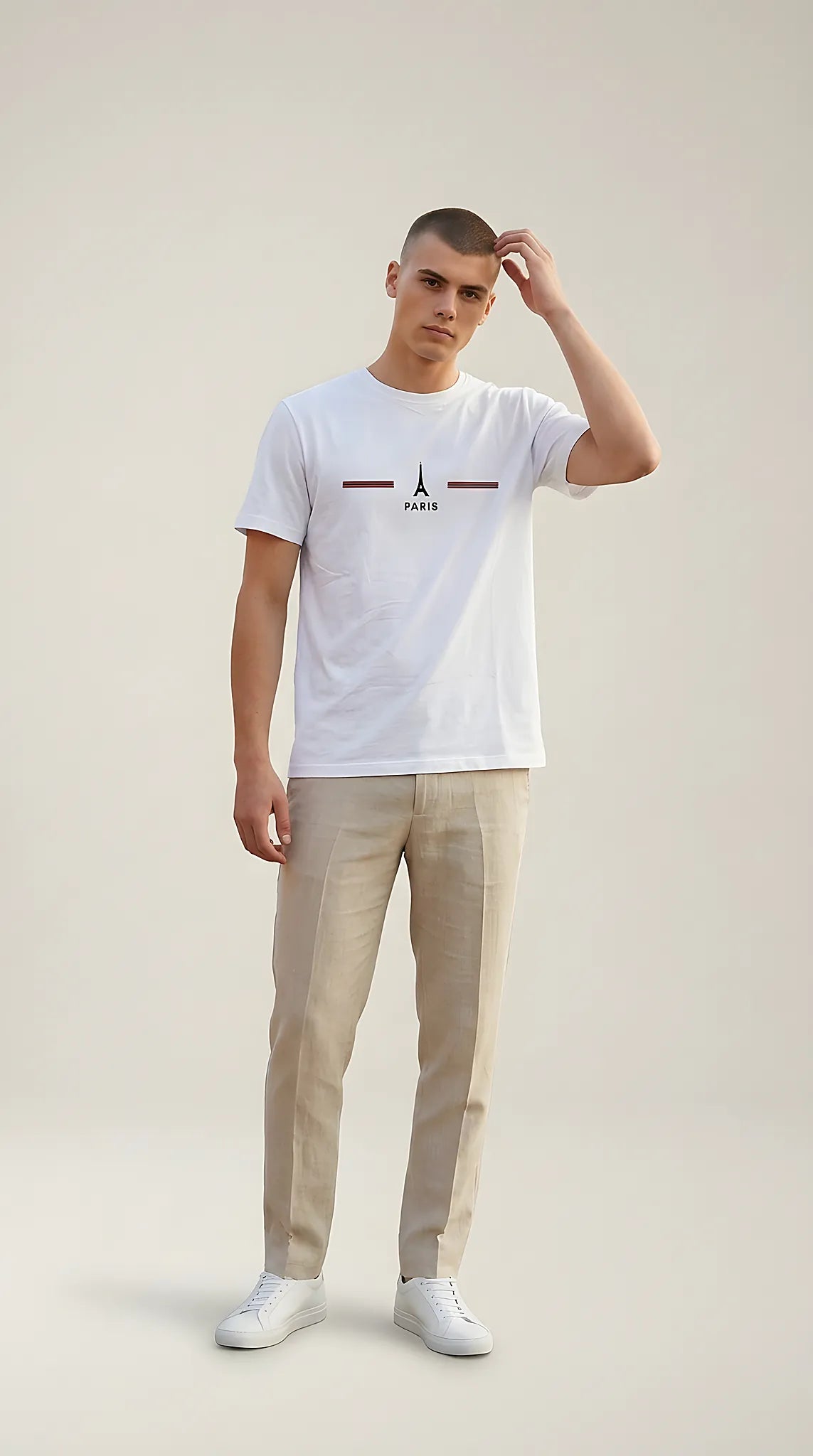 Tricou bărbați alb din bumbac cu imprimeu grafic turnul eiffel paris, stil casual modern | Mira Style