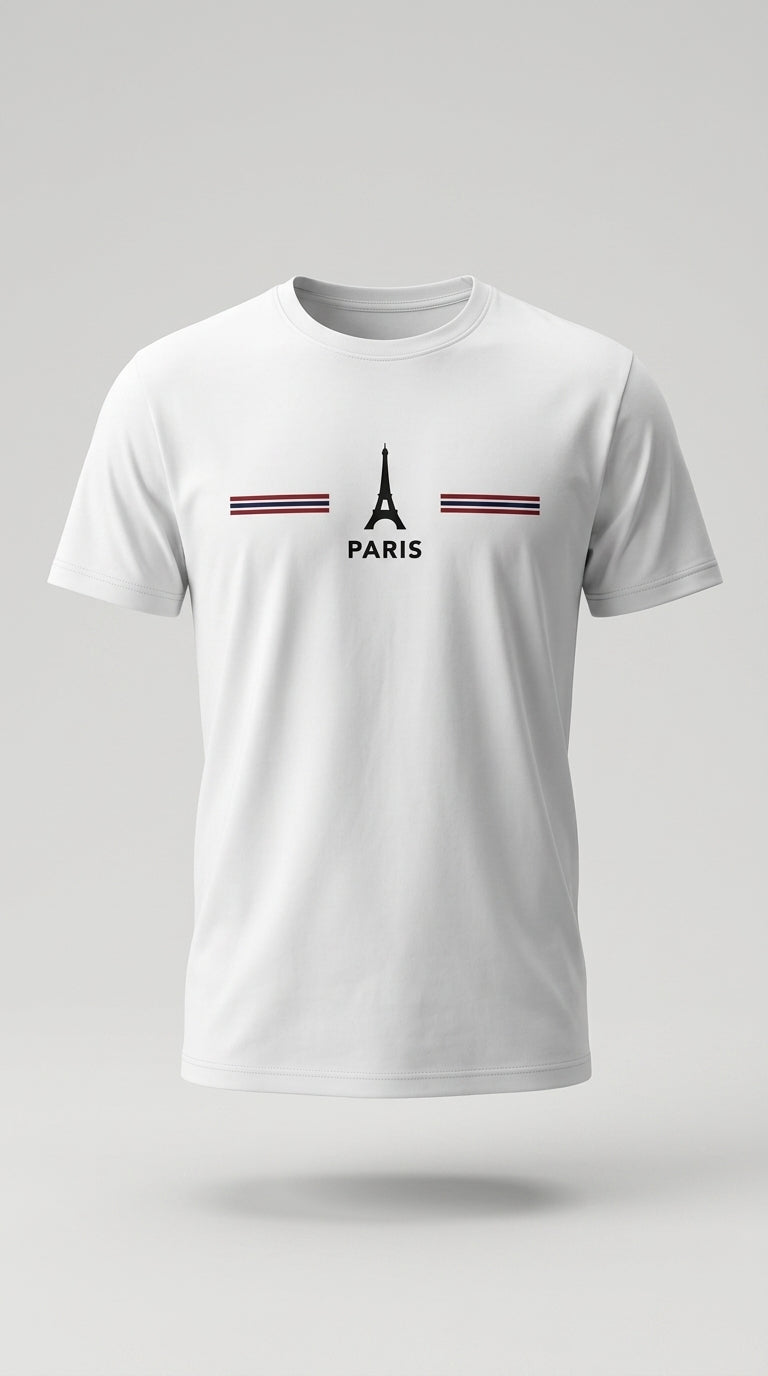 Tricou bărbați alb din bumbac cu imprimeu grafic turnul eiffel paris, stil casual modern | Mira Style