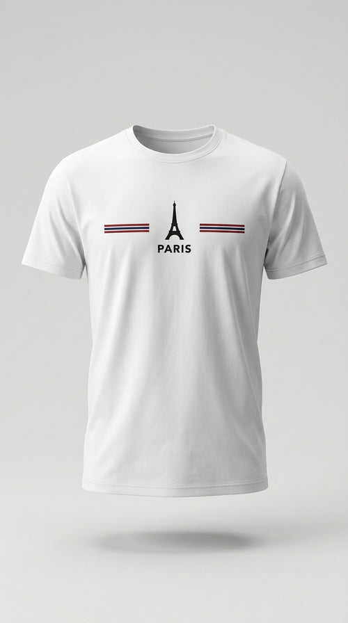Tricou bărbați alb din bumbac cu imprimeu grafic turnul eiffel paris, stil casual modern