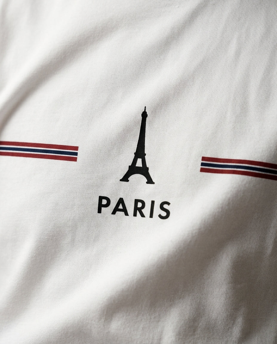 Tricou bărbați alb din bumbac cu imprimeu grafic turnul eiffel paris, stil casual modern