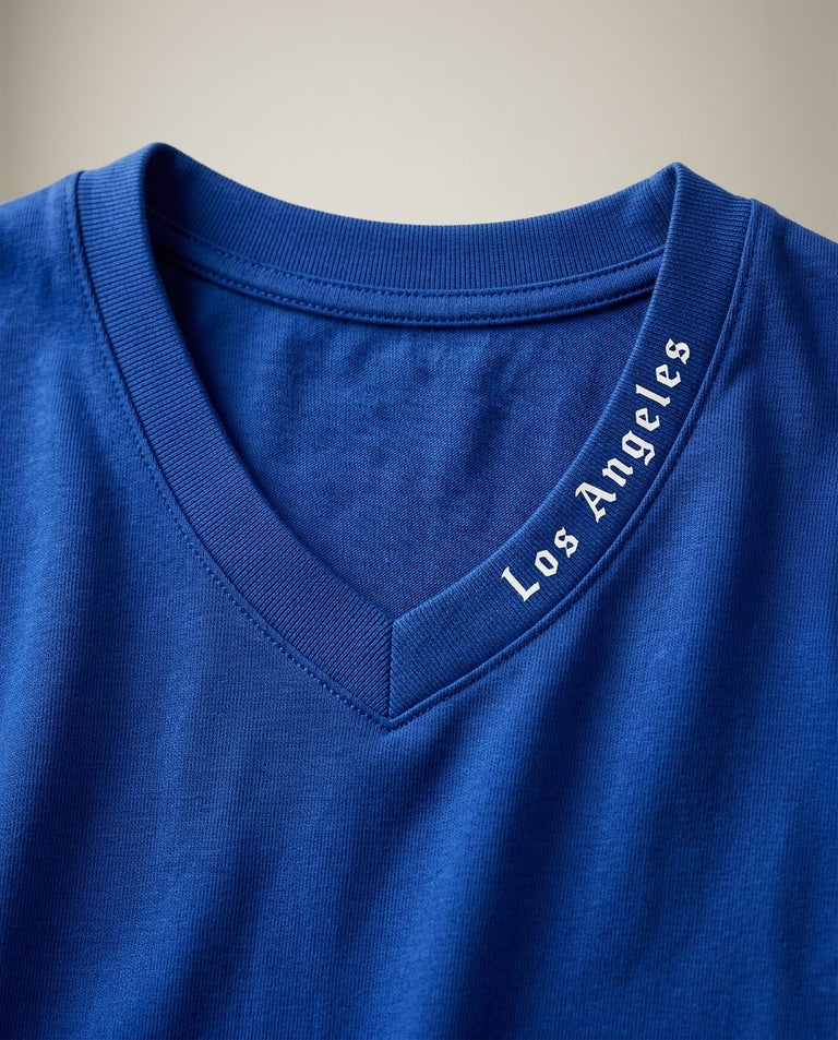 Tricou bărbați albastru royal 'los angeles' cu guler în v și imprimeu pe spate, stil streetwear | Mira Style