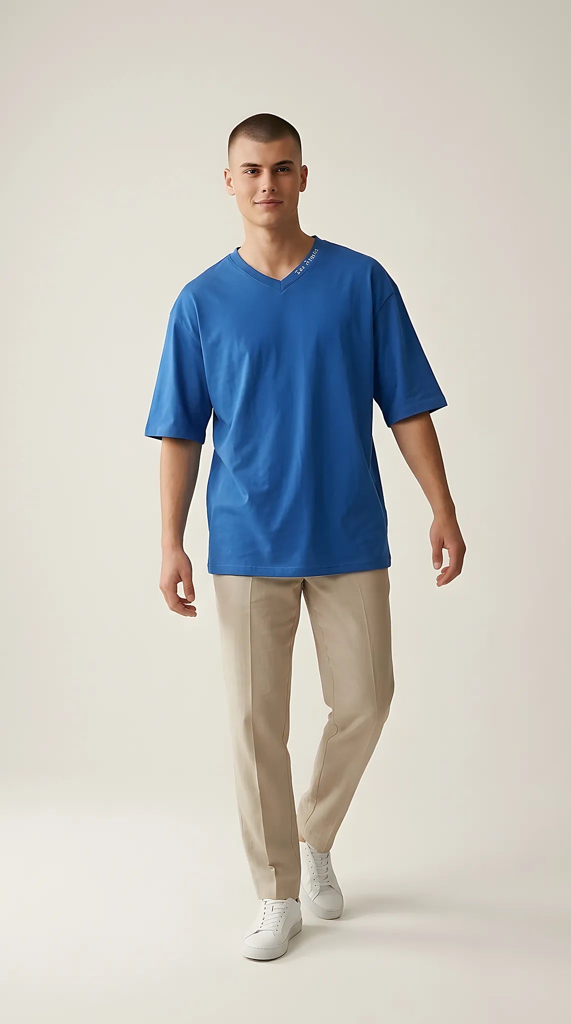 Tricou bărbați albastru royal oversize din bumbac cu imprimeu 'los angeles' și guler în v | Mira Style