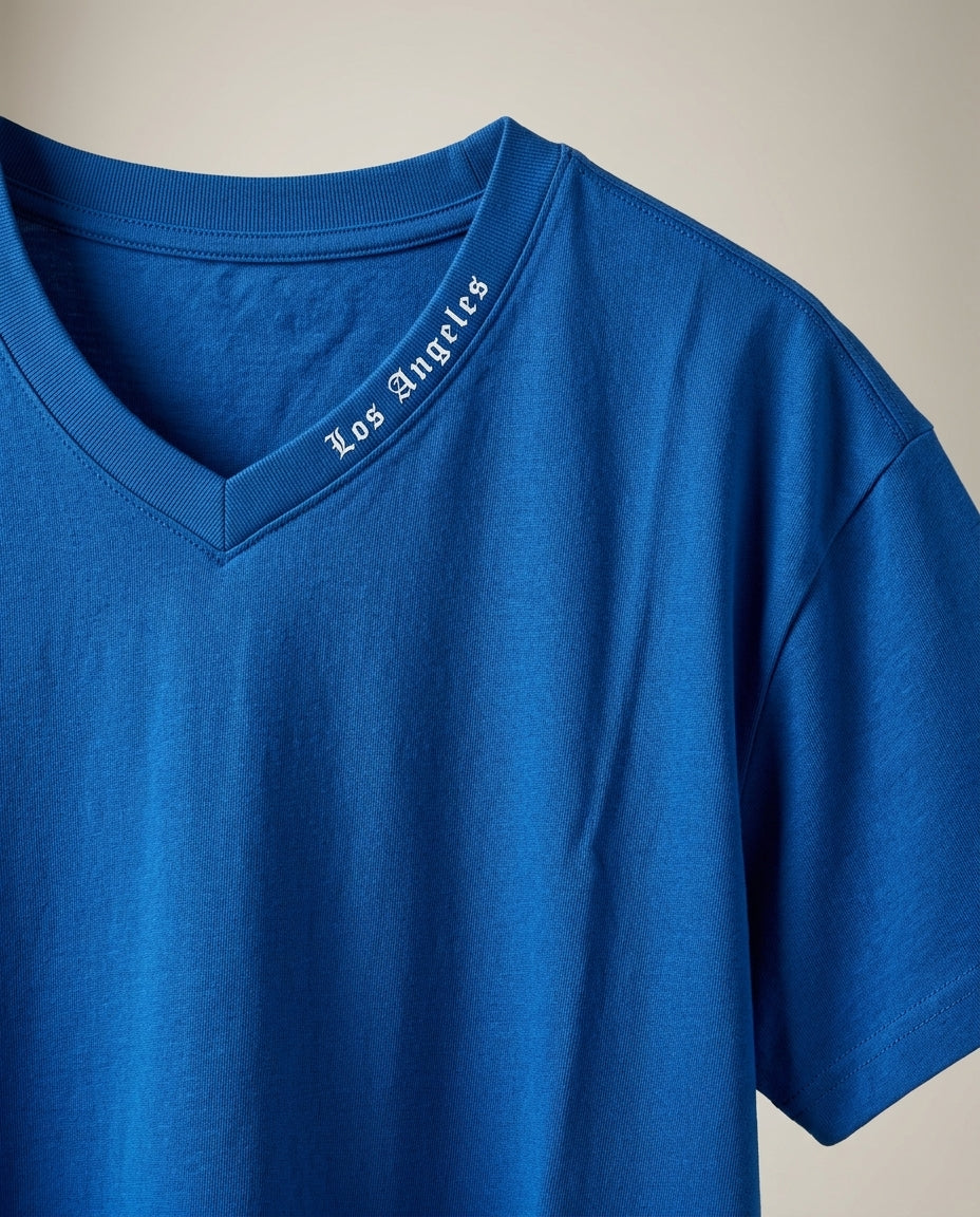 Tricou bărbați albastru royal oversize din bumbac cu imprimeu 'los angeles' și guler în v