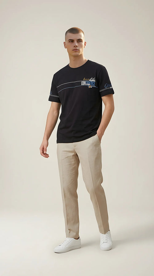 Tricou bărbați comeor negru cu imprimeu grafic 'confidence', guler rotund, stil casual, mânecă scurtă