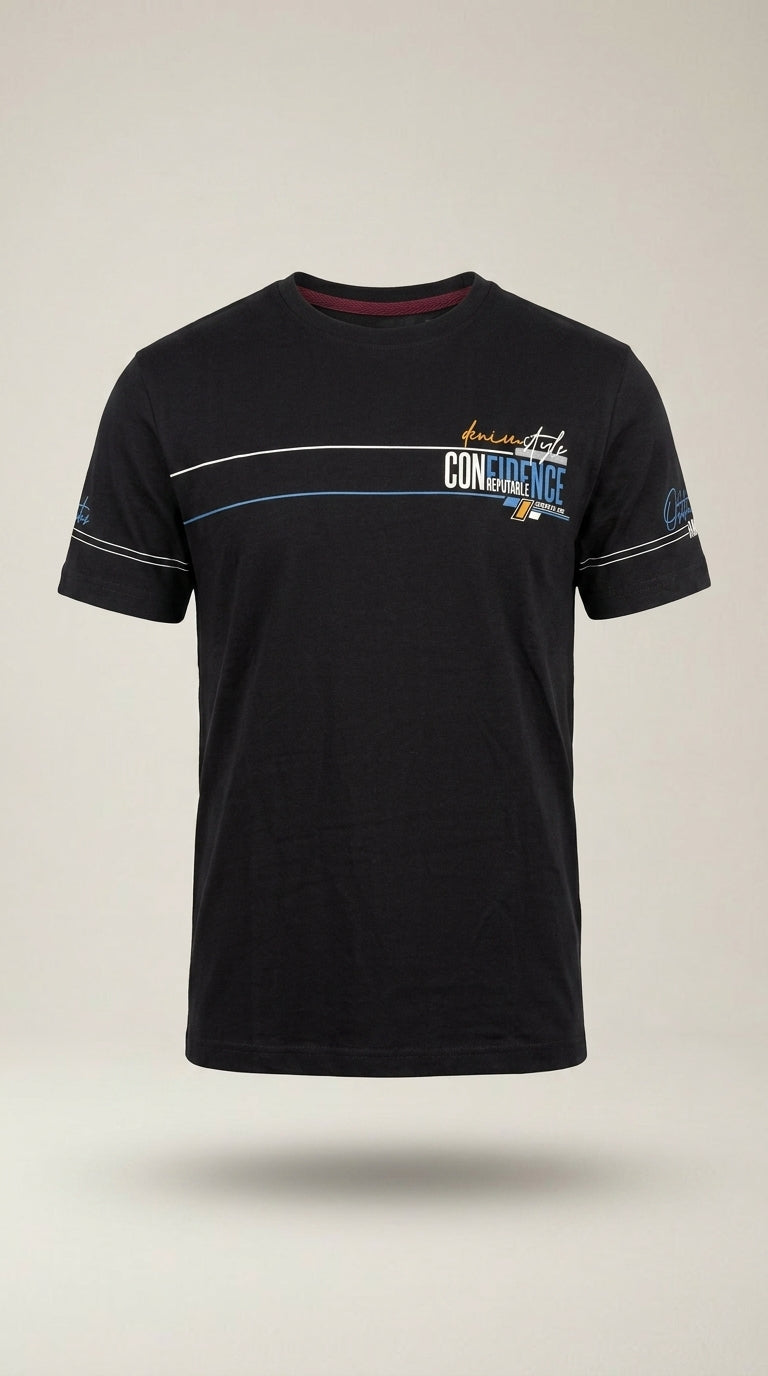 Tricou bărbați comeor negru cu imprimeu grafic 'confidence', guler rotund, stil casual, mânecă scurtă | Mira Style