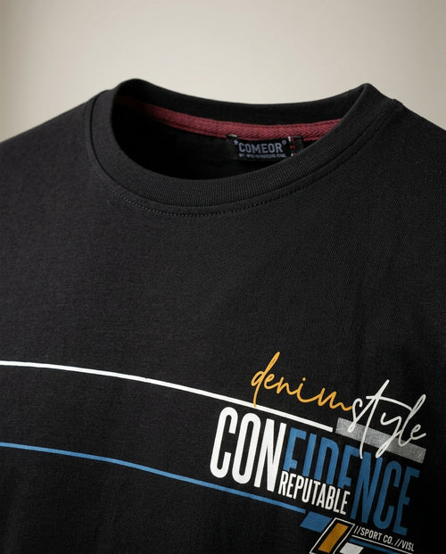 Tricou bărbați comeor negru cu imprimeu grafic 'confidence', guler rotund, stil casual, mânecă scurtă