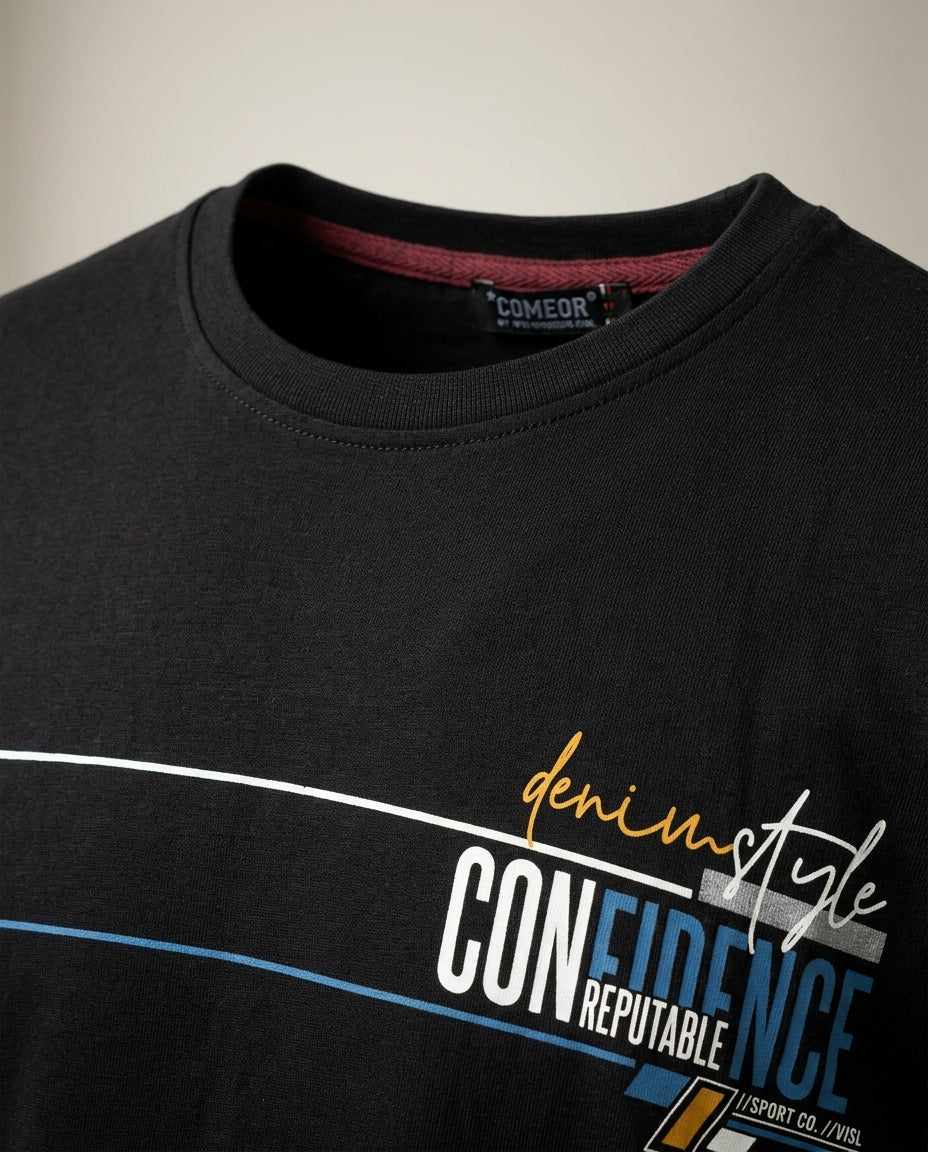 Tricou bărbați comeor negru cu imprimeu grafic 'confidence', guler rotund, stil casual, mânecă scurtă