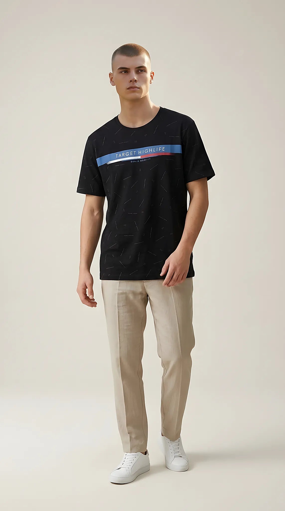 Tricou bărbați comeor negru cu imprimeu text 'target highlife' și bandă orizontală color-block | Mira Style