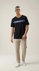 Tricou bărbați comeor negru cu imprimeu text 'target highlife' și bandă orizontală color-block