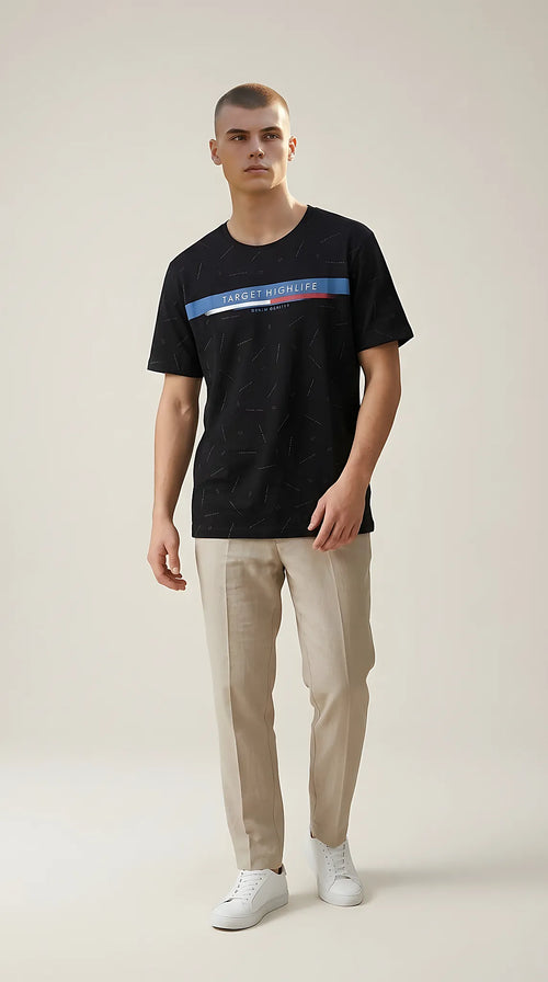 Tricou bărbați comeor negru cu imprimeu text 'target highlife' și bandă orizontală color-block