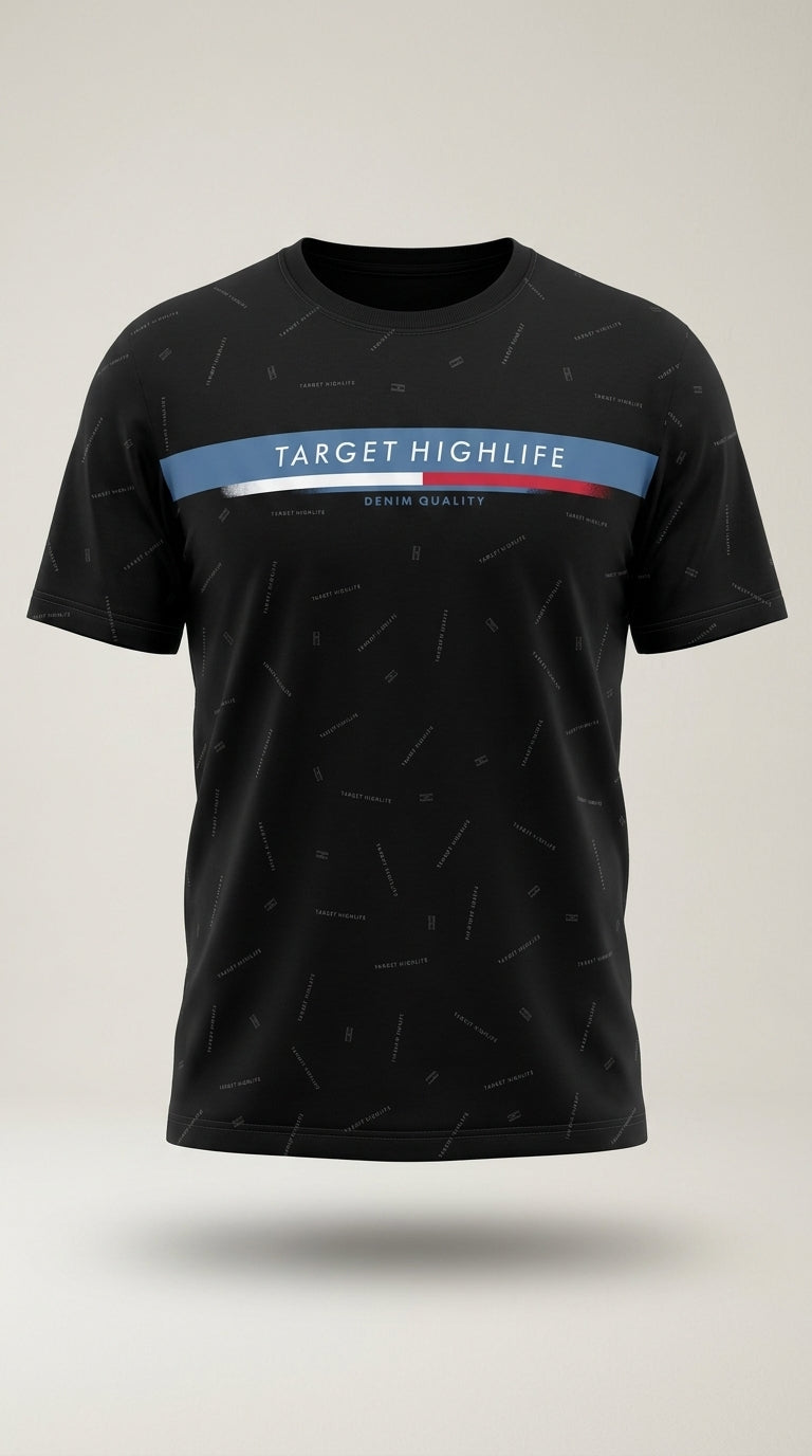 Tricou bărbați comeor negru cu imprimeu text 'target highlife' și bandă orizontală color-block | Mira Style