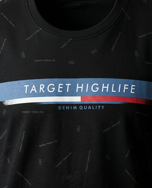 Tricou bărbați comeor negru cu imprimeu text 'target highlife' și bandă orizontală color-block