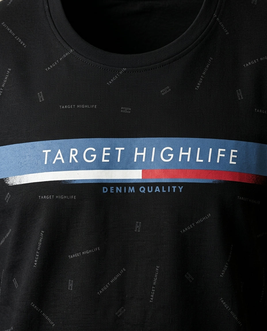 Tricou bărbați comeor negru cu imprimeu text 'target highlife' și bandă orizontală color-block