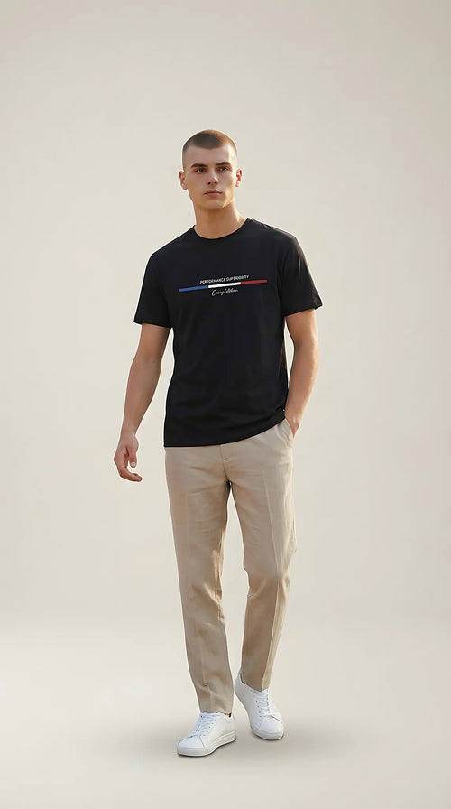 Tricou bărbați demir fashion negru cu imprimeu grafic 'performance superiority', guler rotund, din bumbac elastic, stil casual