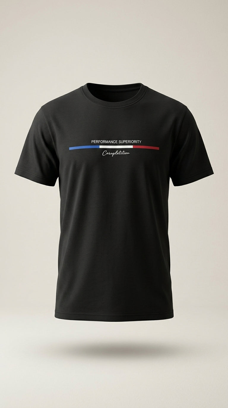 Tricou bărbați demir fashion negru cu imprimeu grafic 'performance superiority', guler rotund, din bumbac elastic, stil casual | Mira Style