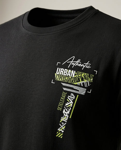 Tricou bărbați negru din bumbac cu imprimeu grafic urban 'stay humble' pe spate, stil streetwear