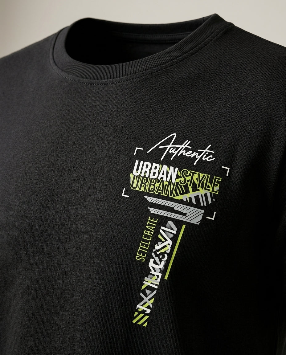 Tricou bărbați negru din bumbac cu imprimeu grafic urban 'stay humble' pe spate, stil streetwear