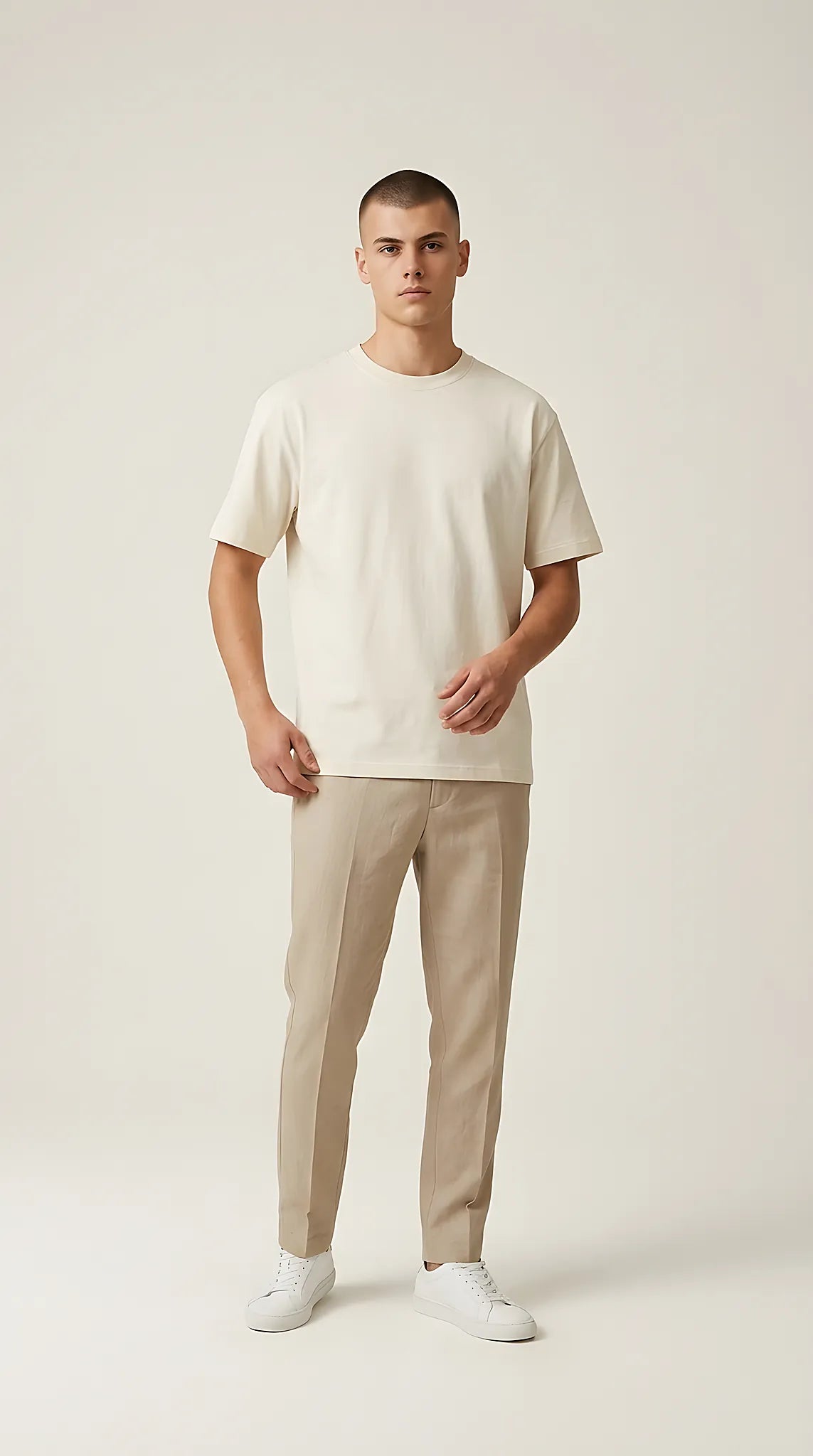 Tricou basic pentru bărbați pepper & mint, crem, din bumbac confortabil, cu guler rotund, stil casual | Mira Style