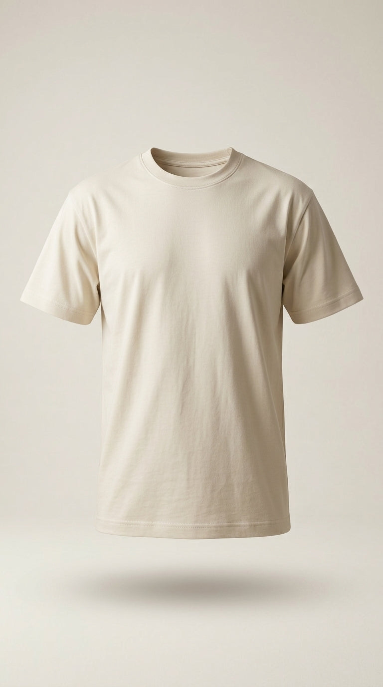 Tricou basic pentru bărbați pepper & mint, crem, din bumbac confortabil, cu guler rotund, stil casual | Mira Style