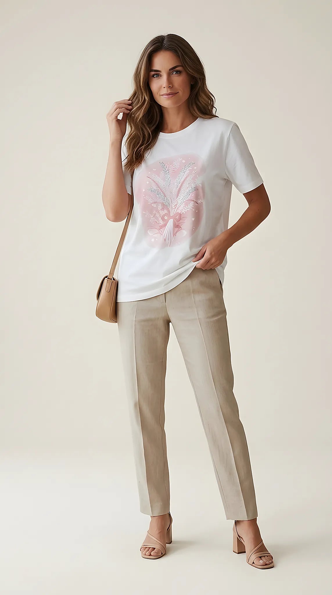 Tricou damă alb din bumbac cu imprimeu buchet floral roz și detalii cu sclipici, stil casual-chic