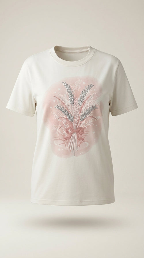Tricou damă alb din bumbac cu imprimeu buchet floral roz și detalii cu sclipici, stil casual-chic