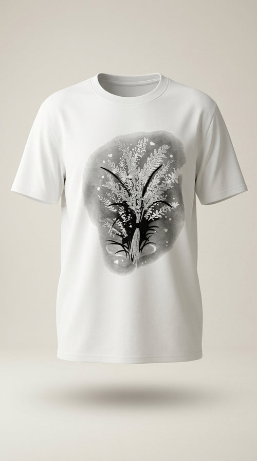 Tricou damă alb din bumbac cu imprimeu floral artistic și detalii cu sclipici, stil casual-elegant