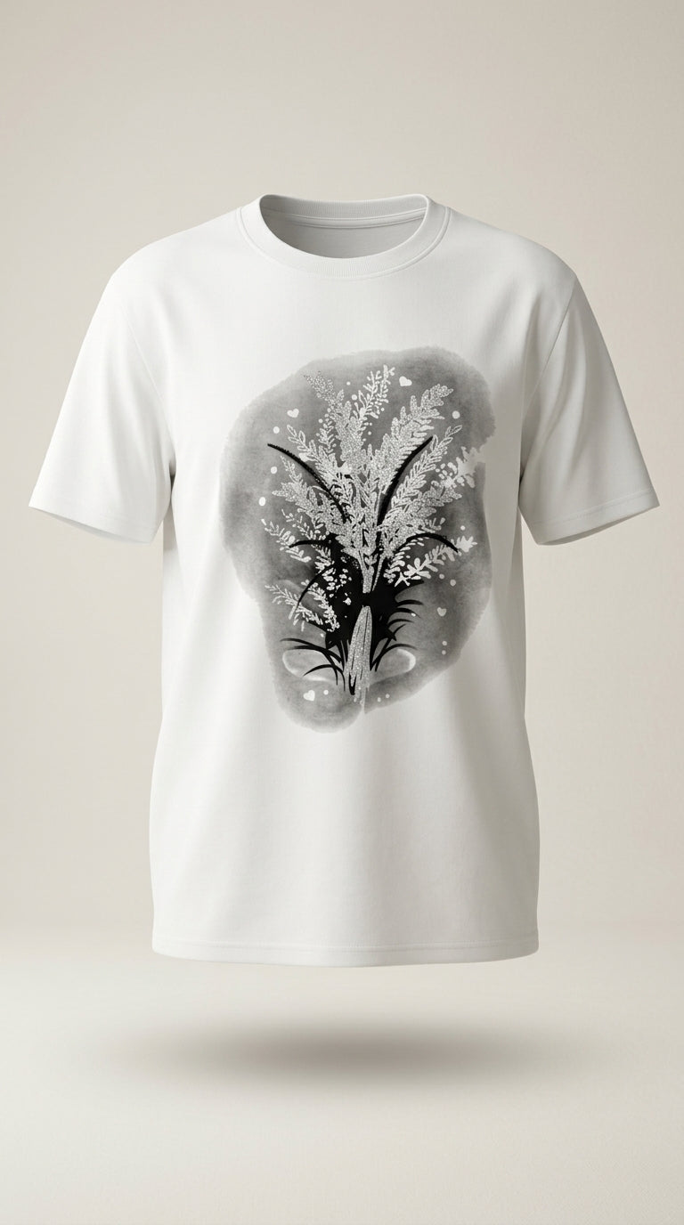 Tricou damă alb din bumbac cu imprimeu floral artistic și detalii cu sclipici, stil casual-elegant
