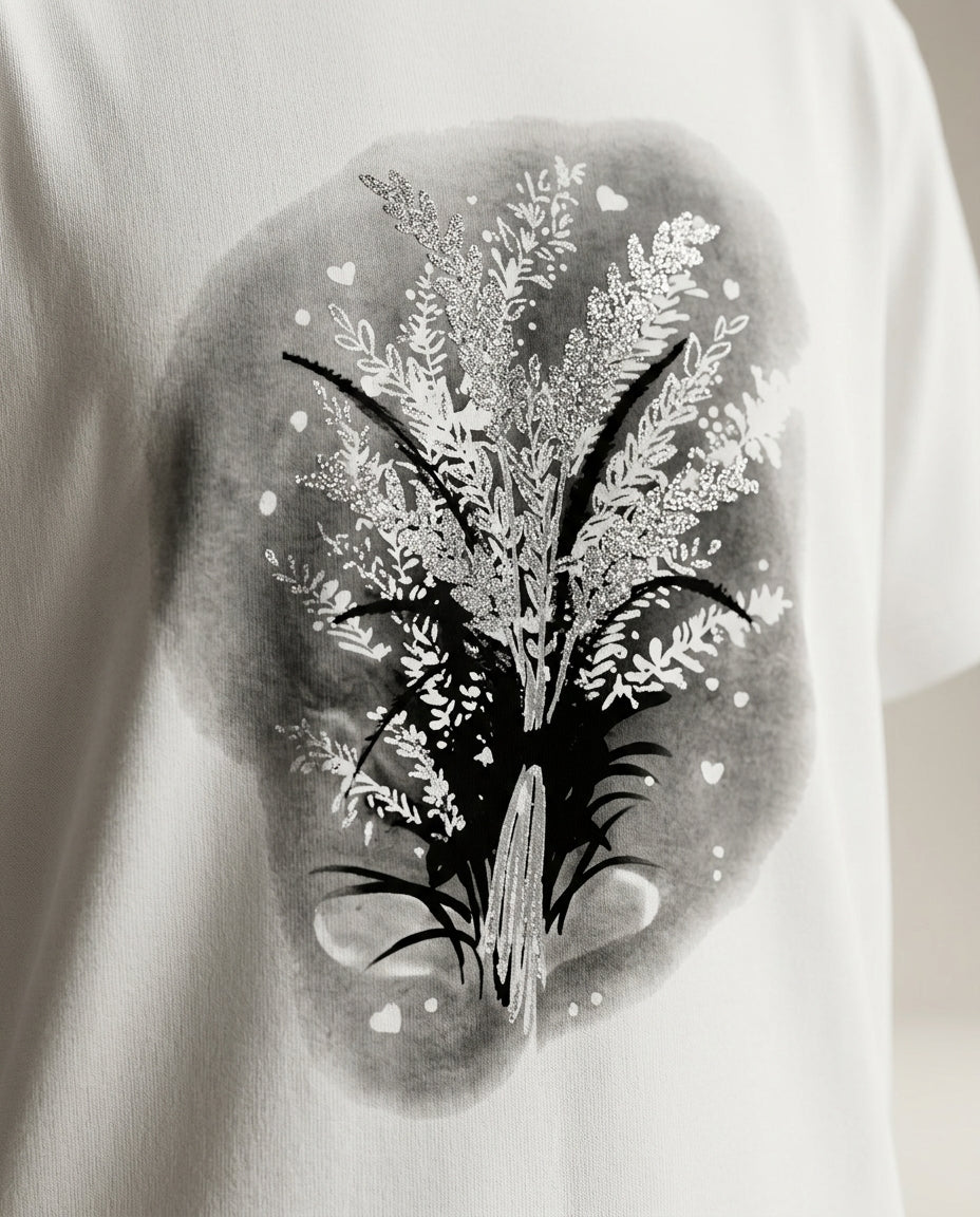 Tricou damă alb din bumbac cu imprimeu floral artistic și detalii cu sclipici, stil casual-elegant