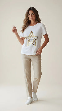 Tricou damă alb din bumbac cu stea aurie din paiete și inscripție 'shine', stil casual modern | Mira Style
